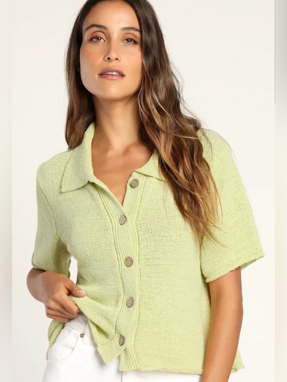 Lulu's Lime Short-Sleeve Collared Button-Up Knit Top